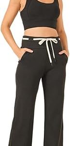 Women Contrast Drawstring Loose Fit Straight Pants