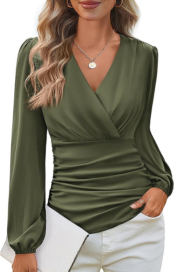 Women Tops Summer Wrap Blouse V Neck Ruffle Sleeve Dressy Casual - Image 4