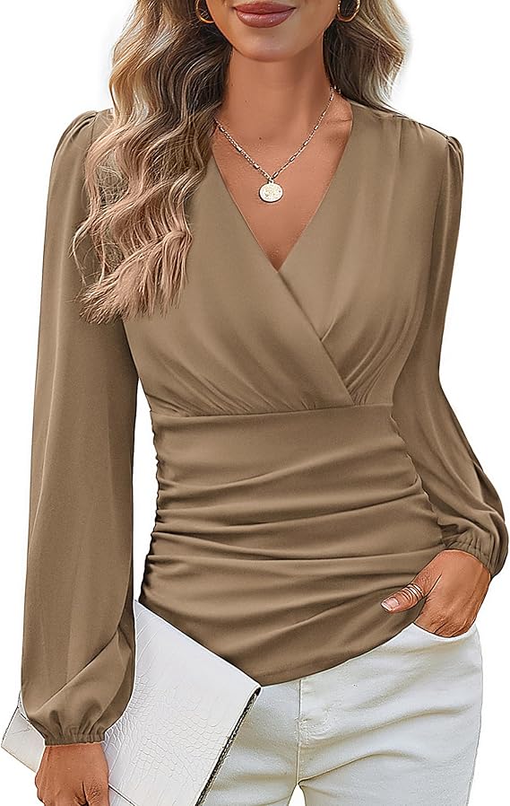 Women Tops Summer Wrap Blouse V Neck Ruffle Sleeve Dressy Casual - Image 2